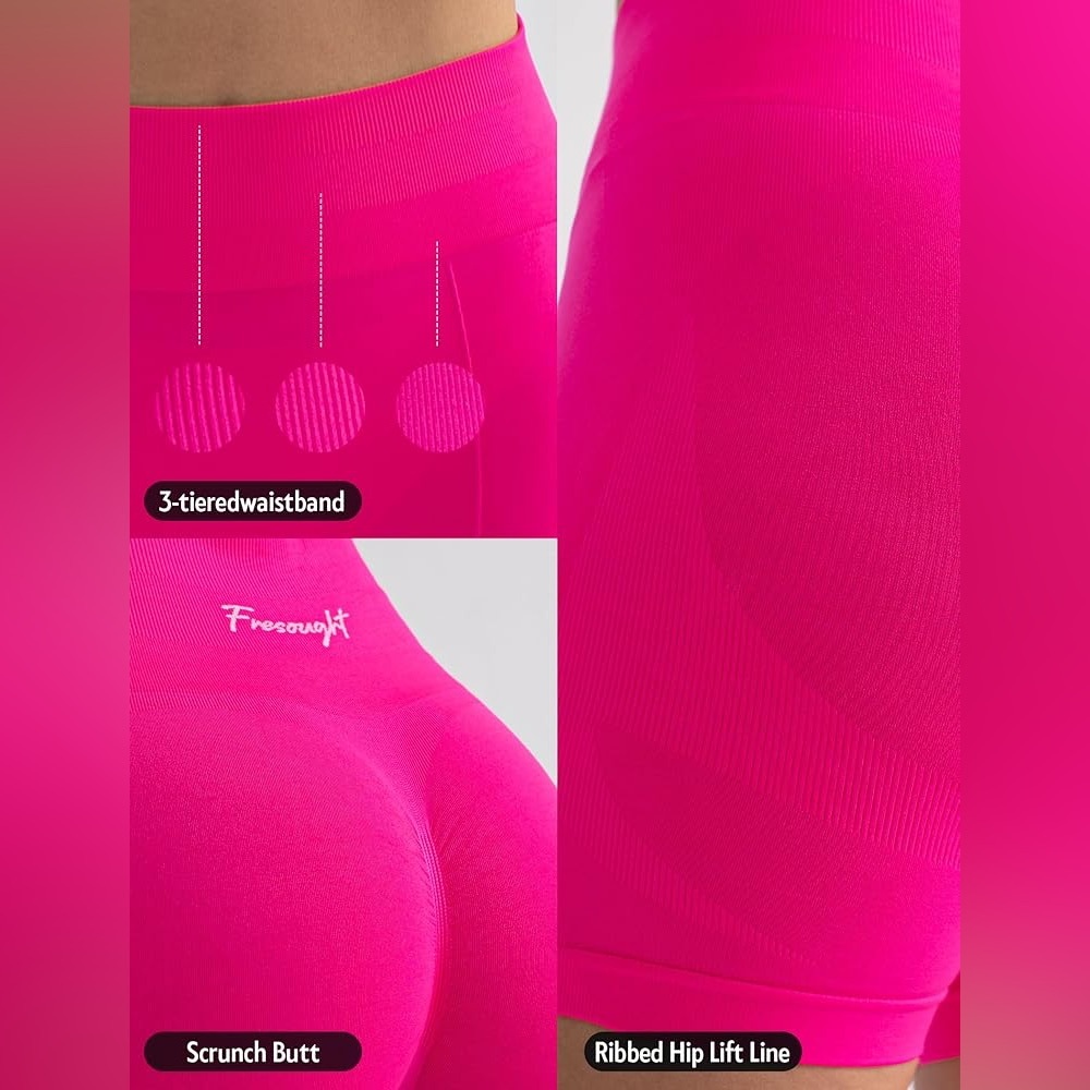 FRESOUGHT Workout GymButr Scrunch Tummy Control High Waisted Shorts Pink - Picture 2 of 8